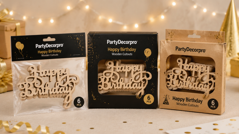 Birthday wooden cutouts packaging display including bag, window box and kraft box for party