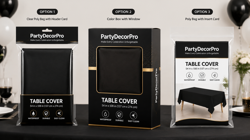 Black disposable tablecloth custom packaging options with clear bag, window box and insert card designs