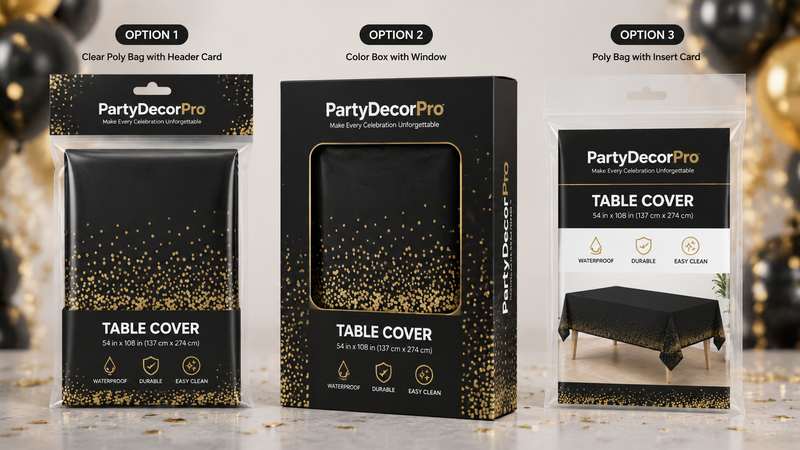 Black and gold disposable tablecloth custom packaging with clear bag, window box and insert card options