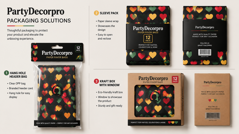 Customizable black paper bags with red, yellow, and green heart patterns, showcasing multiple packaging options.