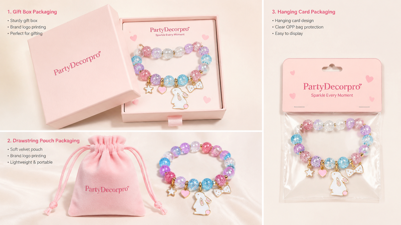 Jewelry bracelet packaging options including gift box, pouch, and hanging card display for wholesale use