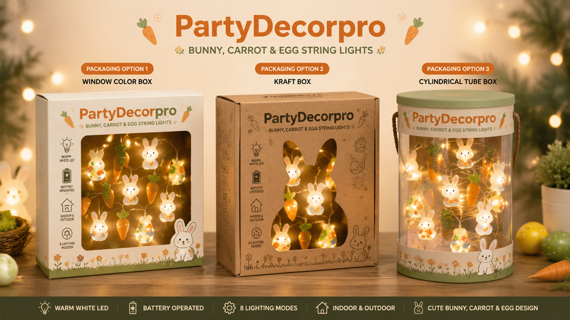 Bunny carrot egg string lights packaging options showing window box kraft box and cylinder tube with festive decorative design