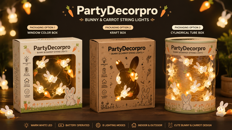 Bunny and carrot string lights packaging options showing window box kraft box and cylinder tube with customizable design