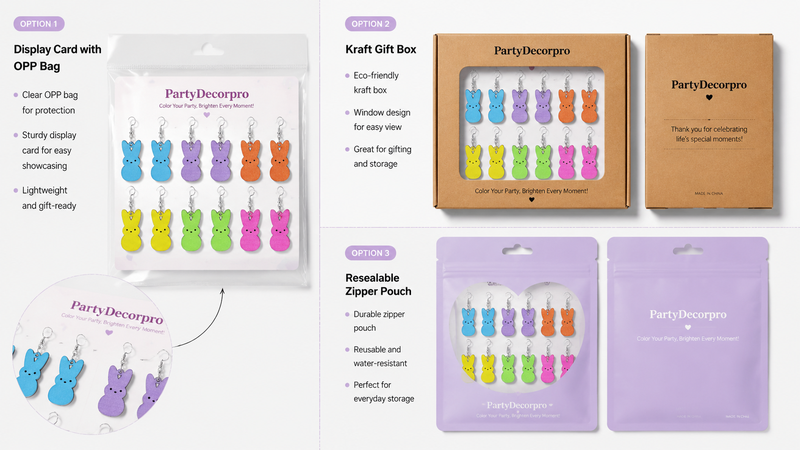 Packaging options for bunny earrings including OPP bag, kraft box and pouch