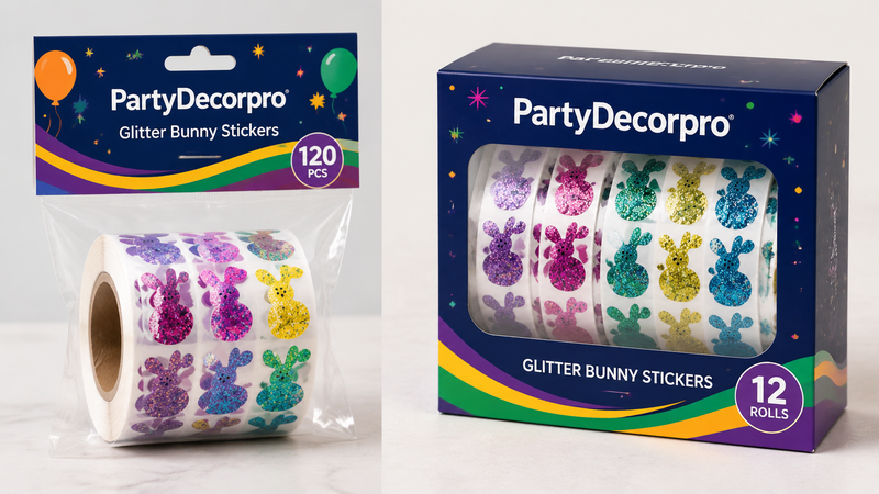 Bunny glitter sticker roll packaging options with retail bag and window box B2B wholesale packaging design