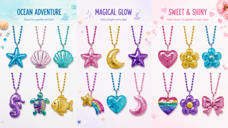 Bunny and sequin pendant necklaces in multiple shapes and colors displayed in a clean product layout for wholesale customization and B2B jewelry supply