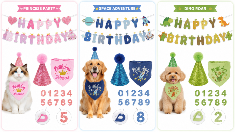 Customizable cat-themed birthday banner set with colorful letters and cat illustrations for wholesale.