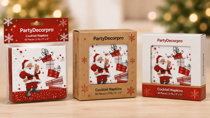 Christmas cocktail napkin packaging mockups including retail bag, kraft box and display carton with Santa design for wholesale product presentation