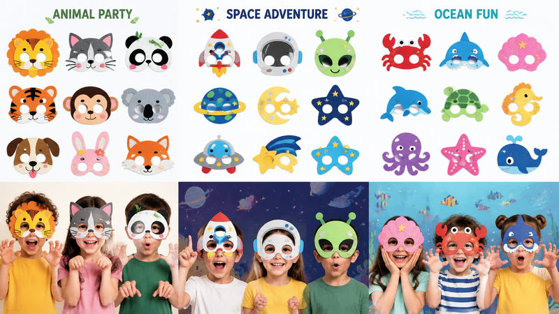 Christmas themed EVA foam party masks set featuring animals and festive characters with kids wearing designs