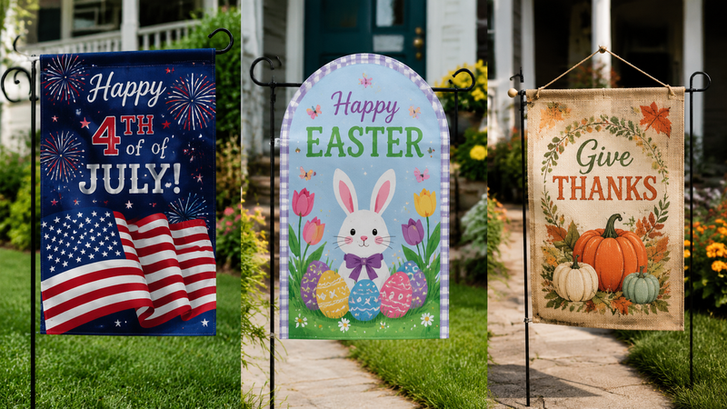 Christmas garden flag featuring green festive background with “Merry Christmas” text and decorated trees displayed on outdoor yard flag stand