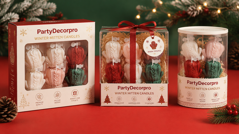 Christmas mitten candles packaging options including window box gift box and cylindrical packaging for wholesale retail display