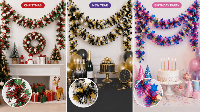 Christmas New Year tinsel garland festive decoration green red metallic wreath party supply wholesale display