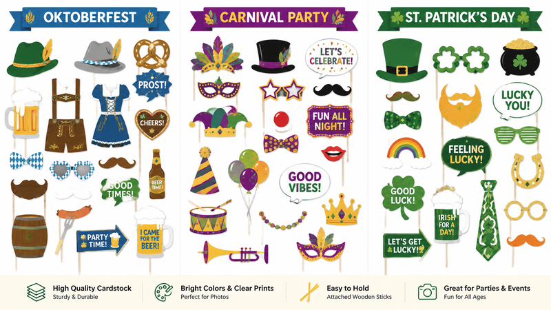 Christmas themed photo booth props set with festive masks, signs, hats and accessories on sticks for party photography and decoration