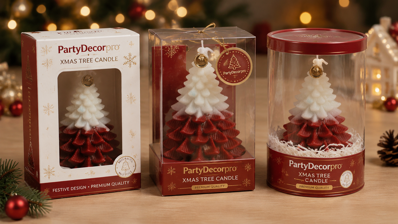 Christmas tree shaped candle packaging options including window box transparent display box and cylindrical tin packaging for retail