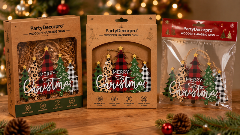 Christmas wooden hanging sign packaging in kraft box OPP bag and window box festive display