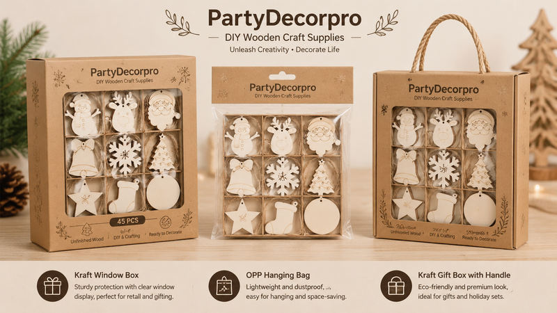 Christmas wooden ornaments packaging options kraft window box OPP bag and handle gift box display