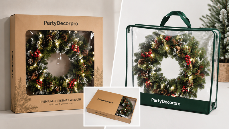 Christmas wreath packaging with gift box and clear carry bag display