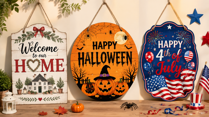 Birthday themed circular wooden hanging signs set with colorful party designs for wholesale display