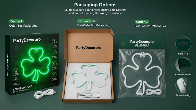 St Patrick clover LED neon light packaging options infographic showing box mailer and protective bag solutions