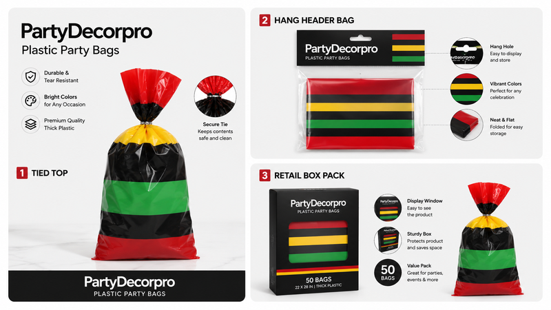 Assorted colorful plastic party bags with red, yellow, black, and green stripes, showcasing tied top, hang header, and retail box packaging options.