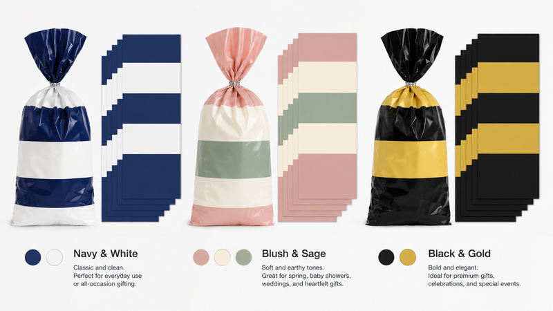 Three themed colorful striped decorative gift bags