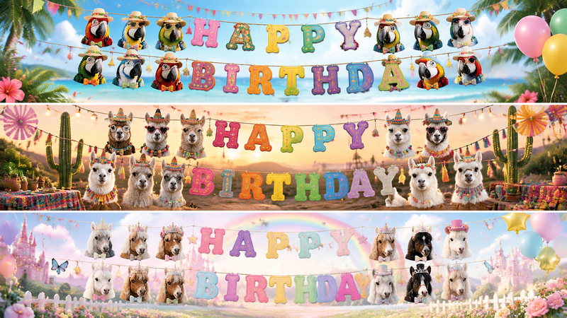 Parrot, llama, and pony themed birthday banners with colorful party decorations and background.