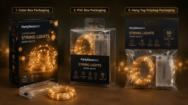 Copper wire string lights packaging options showing window box PVC box and polybag hang tag designs with warm festive lighting