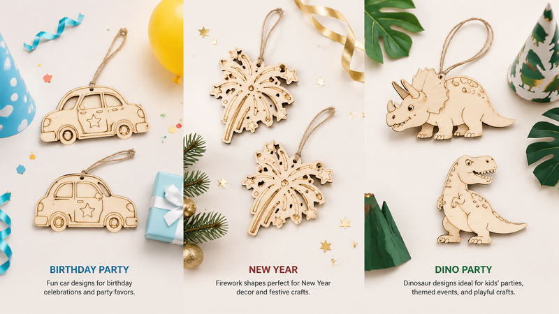 Wooden cupcake-shaped ornaments with twine rope, laser-cut unfinished wood crafts for DIY birthday party decoration and wholesale craft supply