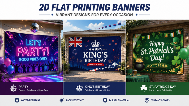 16:9 collage of custom 2D flat printing banners featuring Party Theme, New Zealand King’s Birthday Theme and St. Patrick’s Day Theme displayed with immersive celebration backgrounds