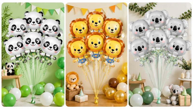Animal themed foil balloon bouquets with panda lion and koala designs for party decorations