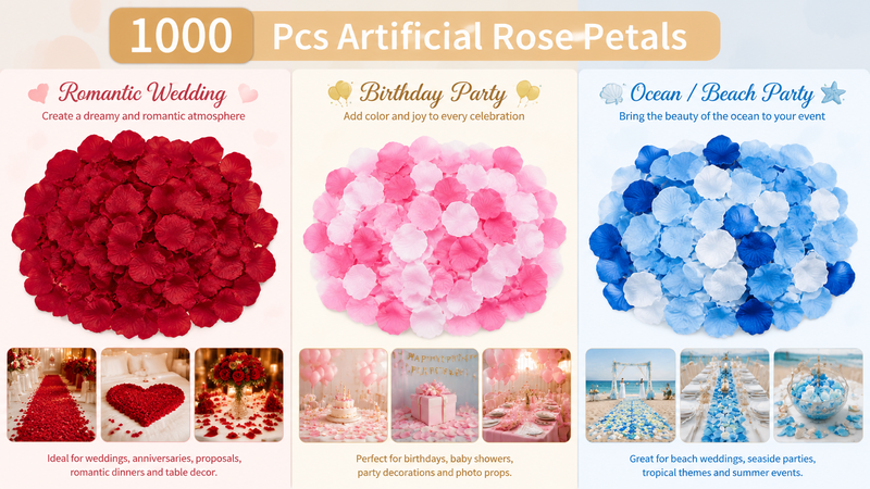 Custom artificial rose petals in multiple colors for wedding decoration, party events and wholesale floral supplies