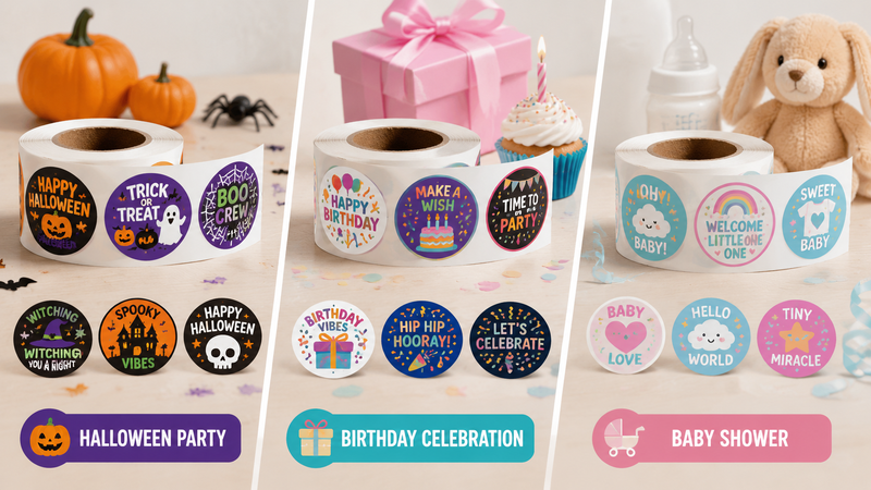 B2B sticker roll showcasing multi-theme circular label designs with vibrant festive graphics for wholesale customization