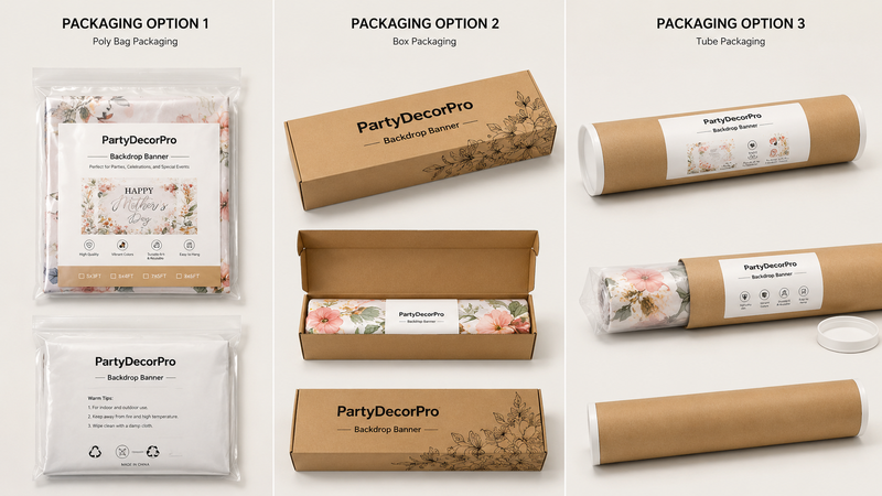 Custom backdrop banner packaging solutions featuring poly bag packaging, premium gift box packaging, and kraft tube packaging for wholesale and private label branding