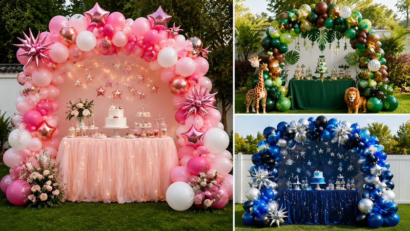 Custom themed balloon arch party decoration setups with colorful balloon arrangements and event styling ideas