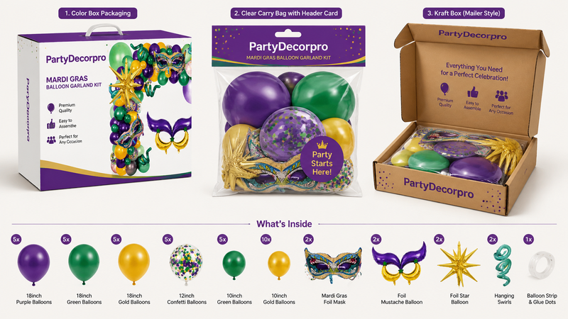 Custom packaging solutions for Mardi Gras balloon garland kits with color box, clear bag, and kraft box options