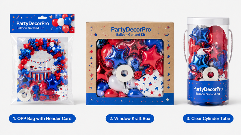 Custom balloon kit packaging solutions with clear bags, window boxes, and cylinder tubes for party decoration products