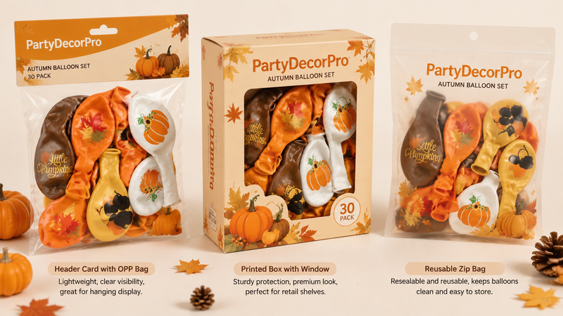 Custom packaging options for autumn printed balloons with header bags, window boxes and reusable storage bags