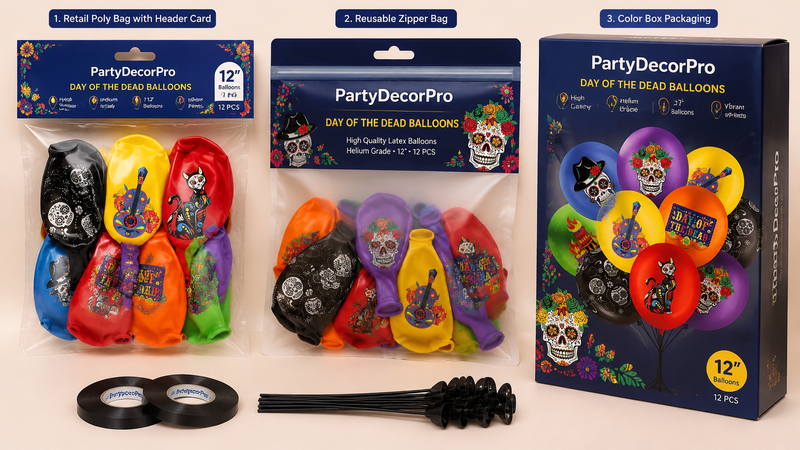Custom packaging solutions for printed latex balloon sets with retail bags, pouches, and gift boxes