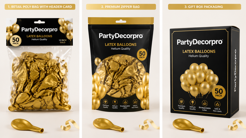 Custom latex balloon packaging solutions with poly bags, zipper pouches and gift box designs for party decoration products