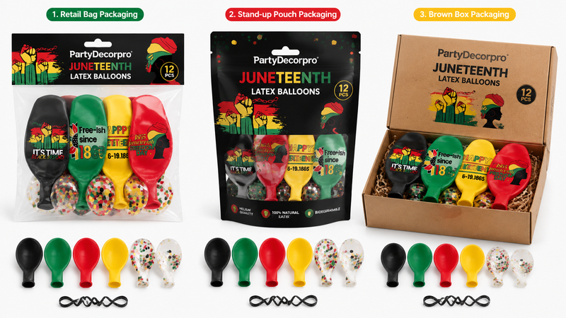 Custom Juneteenth latex balloon packaging solutions with retail bags, pouches, and gift box designs