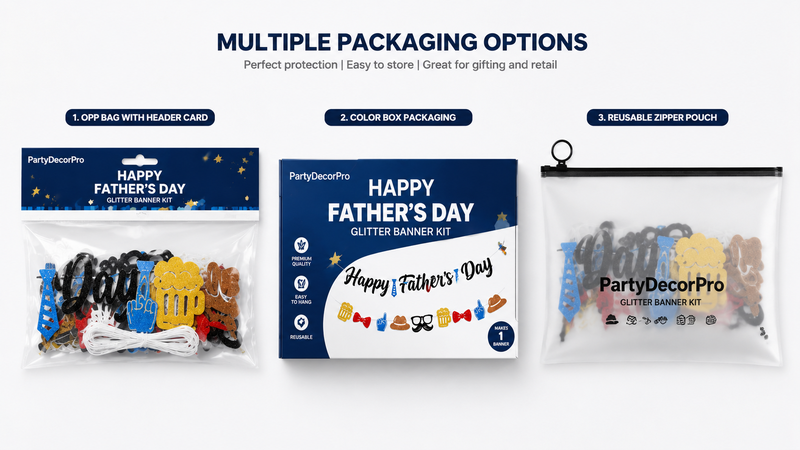 Father's Day glitter banner kit packaging examples with OPP bag, color box, and reusable zipper pouch.