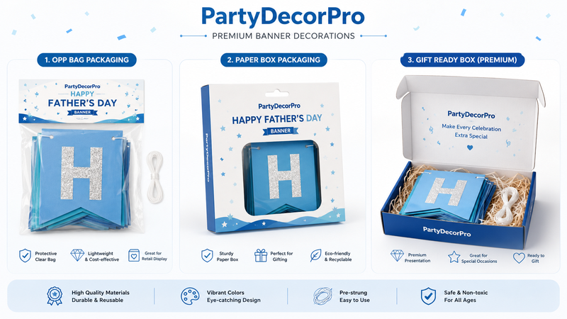 Father's Day banner packaging examples including OPP bag, paper box, and premium gift-ready box options.