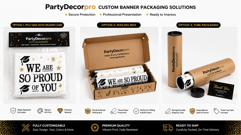 Custom Graduation Banner Packaging Options Featuring Header Card Bag Mailing Box and Paper Tube Packaging for Retail and Wholesale Display