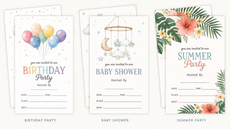 Custom Party Invitation Card Designs for Birthday Party, Baby Shower and Summer Party Events