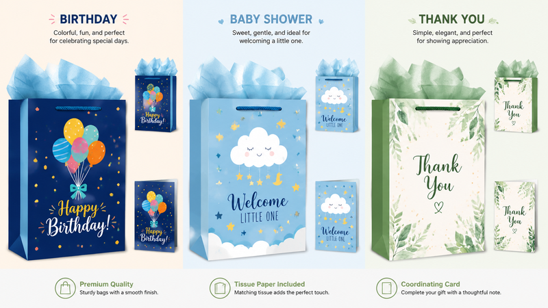 Custom themed gift bag packaging collection featuring Birthday, Baby Shower, and Thank You designs with matching gift bags, cards, and tissue paper for retail and event packaging.