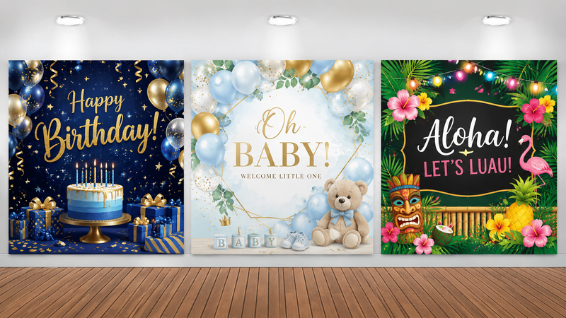 Custom Party Backdrop Banner Themes Including Birthday Baby Shower and Tropical Luau Designs with HD Printing for Event Decorations