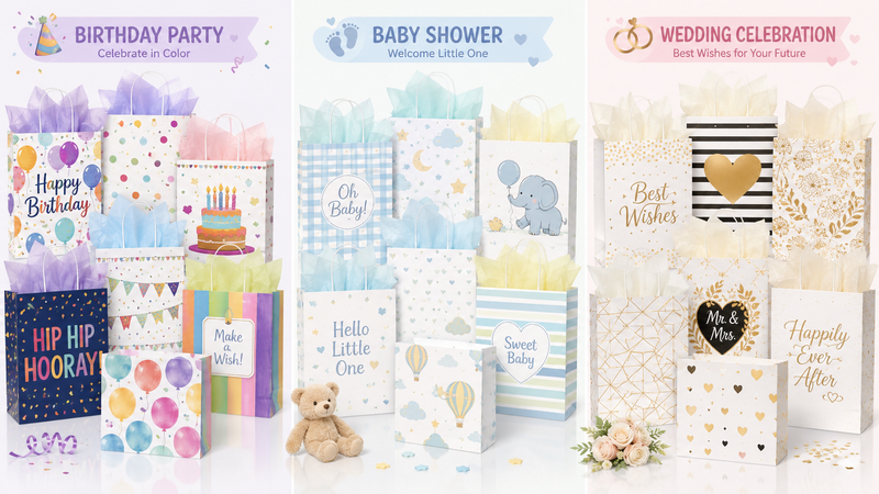 Custom paper gift bag collection featuring birthday party, baby shower, and wedding celebration designs with premium printing, decorative tissue paper, and customizable branding options