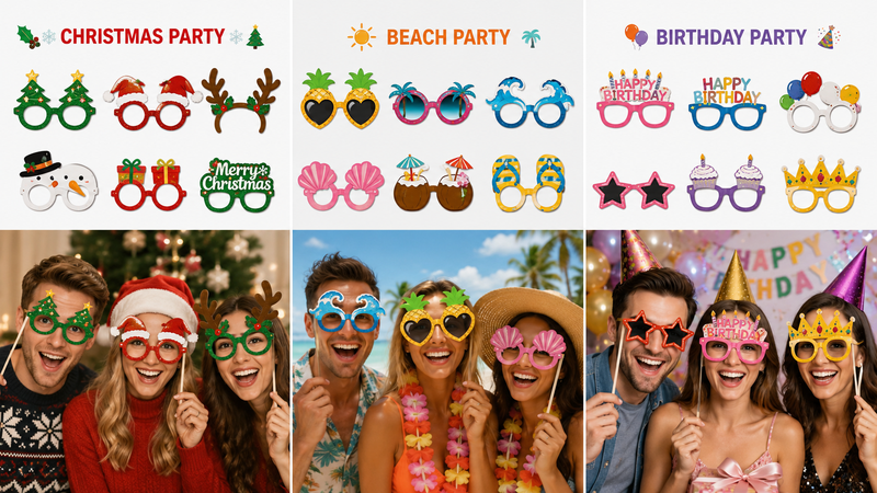 Custom themed photo booth glasses featuring birthday, Christmas, and beach party designs with colorful novelty eyewear props for events and celebrations