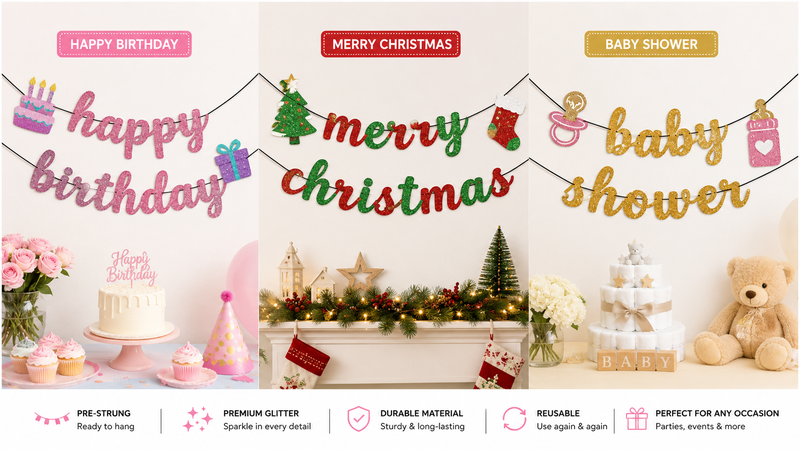 Custom glitter banner design concepts featuring Birthday Party, Christmas, and Baby Shower themes with pre-strung lettering, festive decorations, and premium glitter finishes