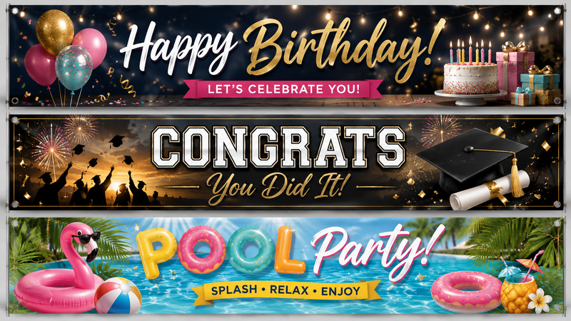 Custom Themed Party Banner Collection Featuring Birthday Celebration Graduation Event and Summer Pool Party Designs with Vibrant Background Scenes